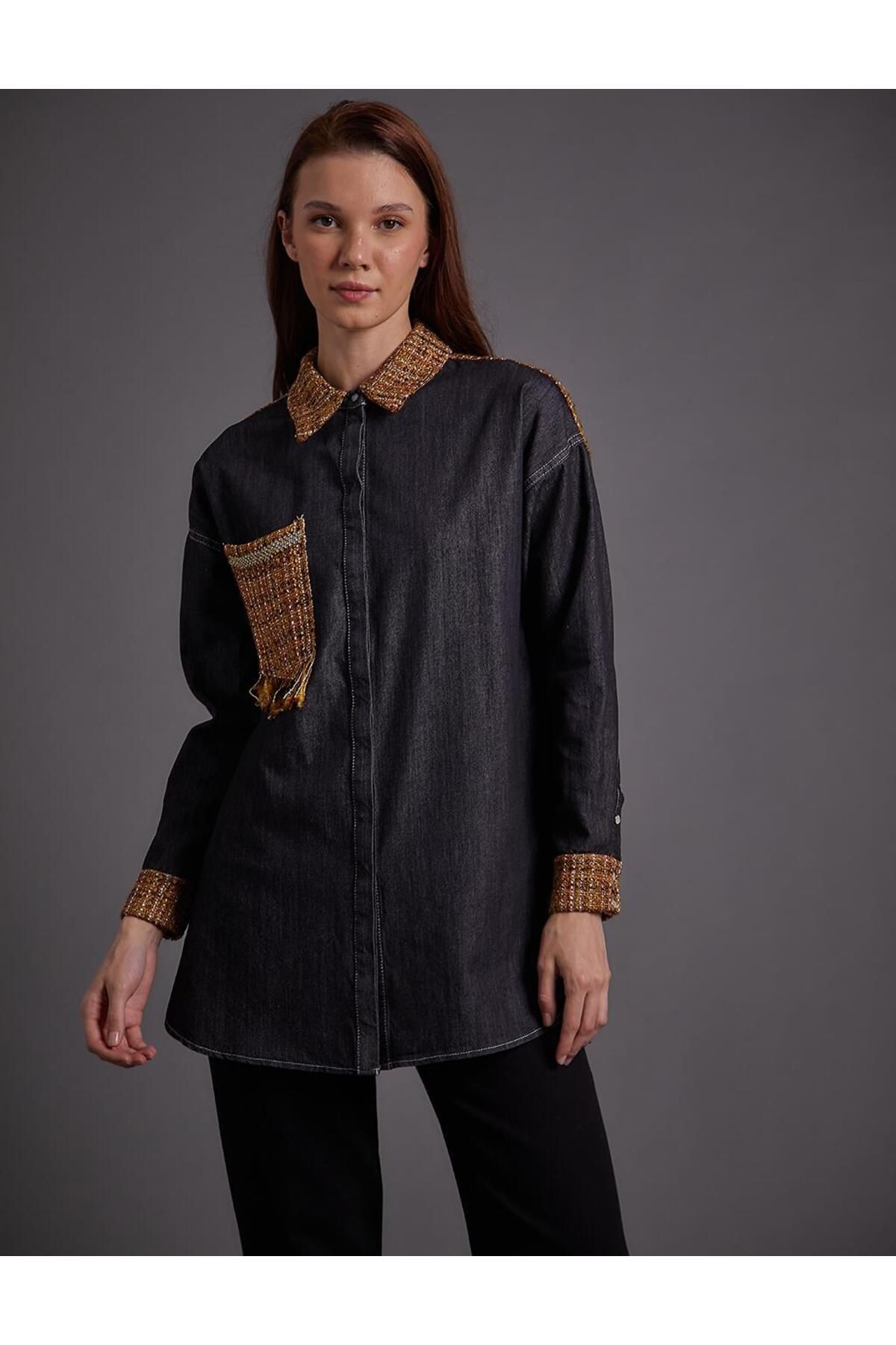 Tüvit Ve Denim Garnili Tunik Siyah Tüvit Ve Denim Garnili Tunik Siyah