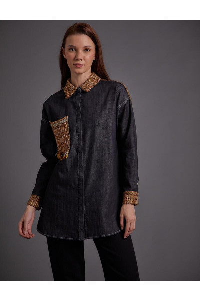 Tüvit Ve Denim Garnili Tunik Siyah Tüvit Ve Denim Garnili Tunik Siyah
