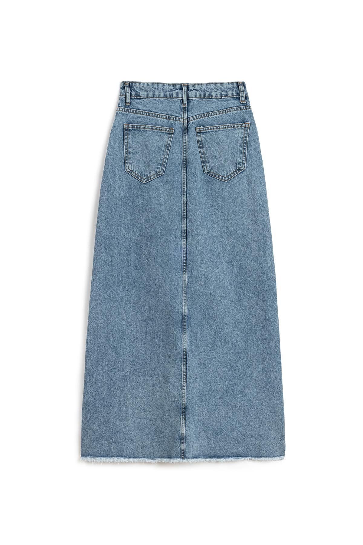 Uzun Püsküllü Denim Etek Mavi Kar Yıkama Uzun Püsküllü Denim Etek Mavi Kar Yıkama