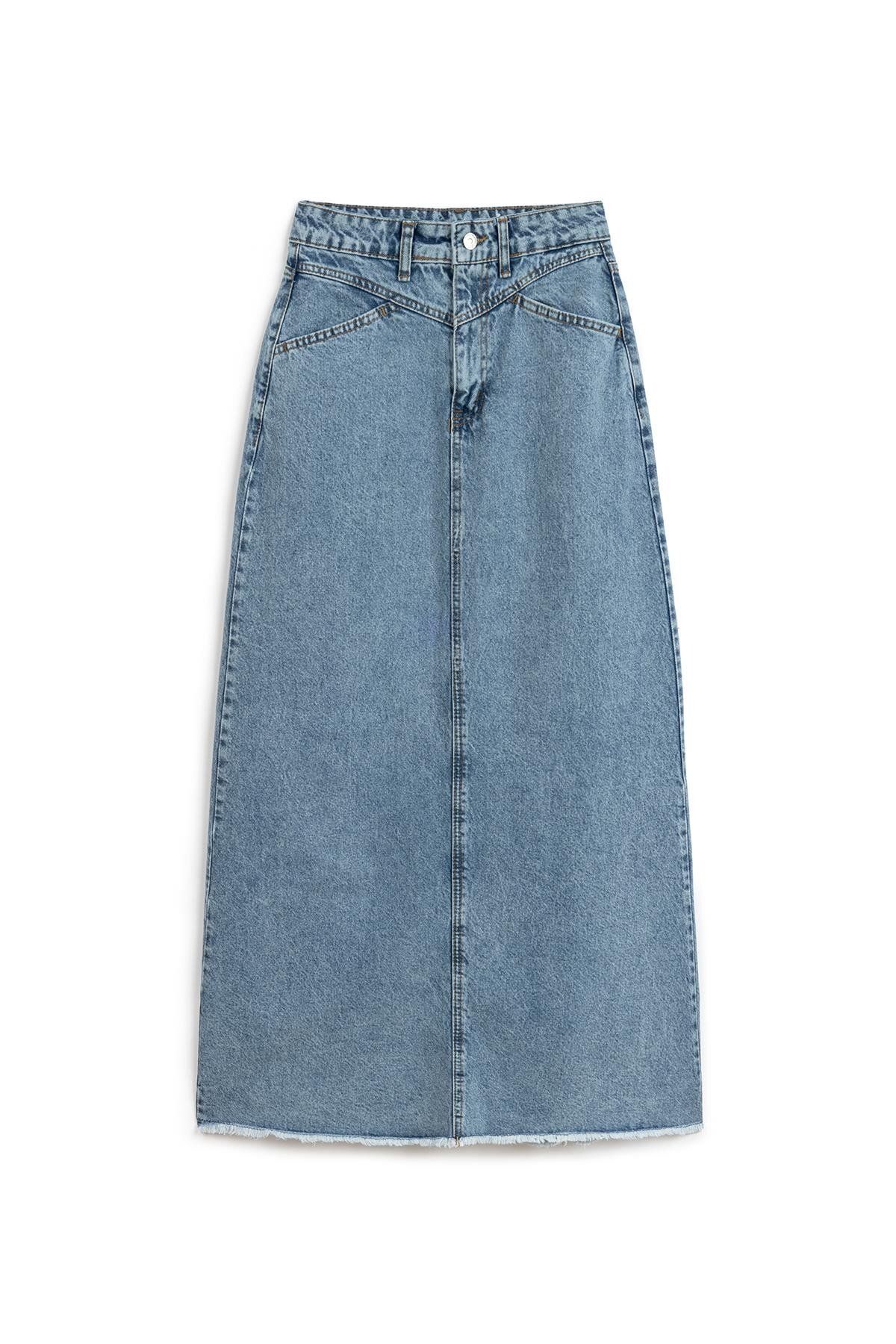 Uzun Püsküllü Denim Etek Mavi Kar Yıkama Uzun Püsküllü Denim Etek Mavi Kar Yıkama