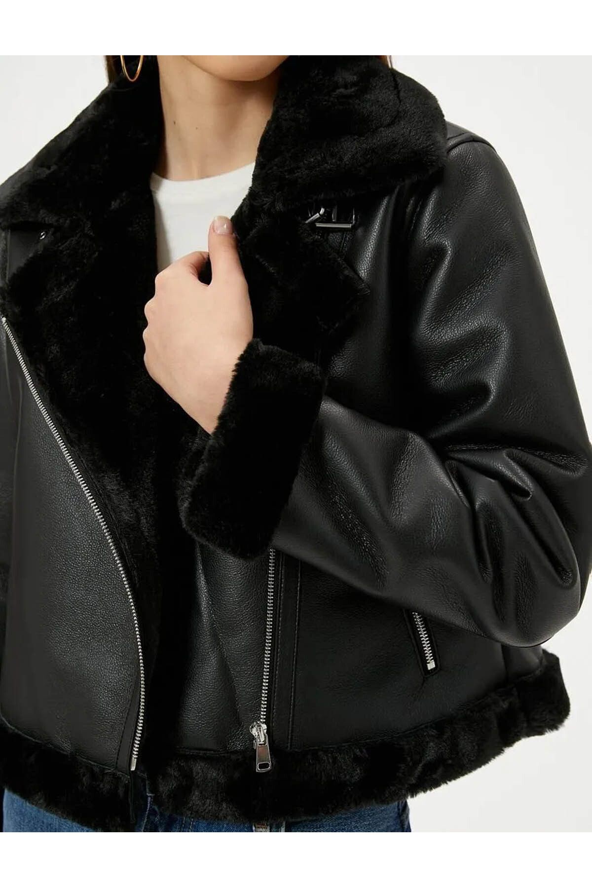 Yakası Kürklü Fermuarlı Cepli Biker Mont Yakası Kürklü Fermuarlı Cepli Biker Mont