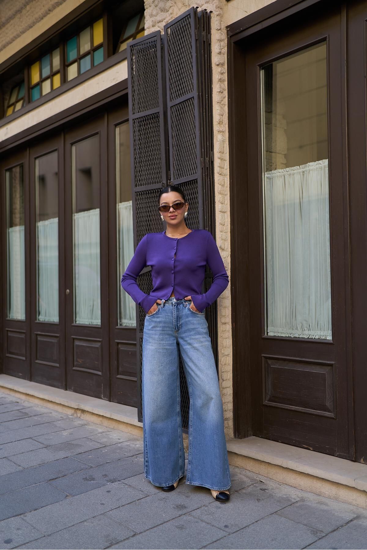 Mor Kaplama Düğme Detaylı Çelik Örme Crop Hırka Mor Kaplama Düğme Detaylı Çelik Örme Crop Hırka