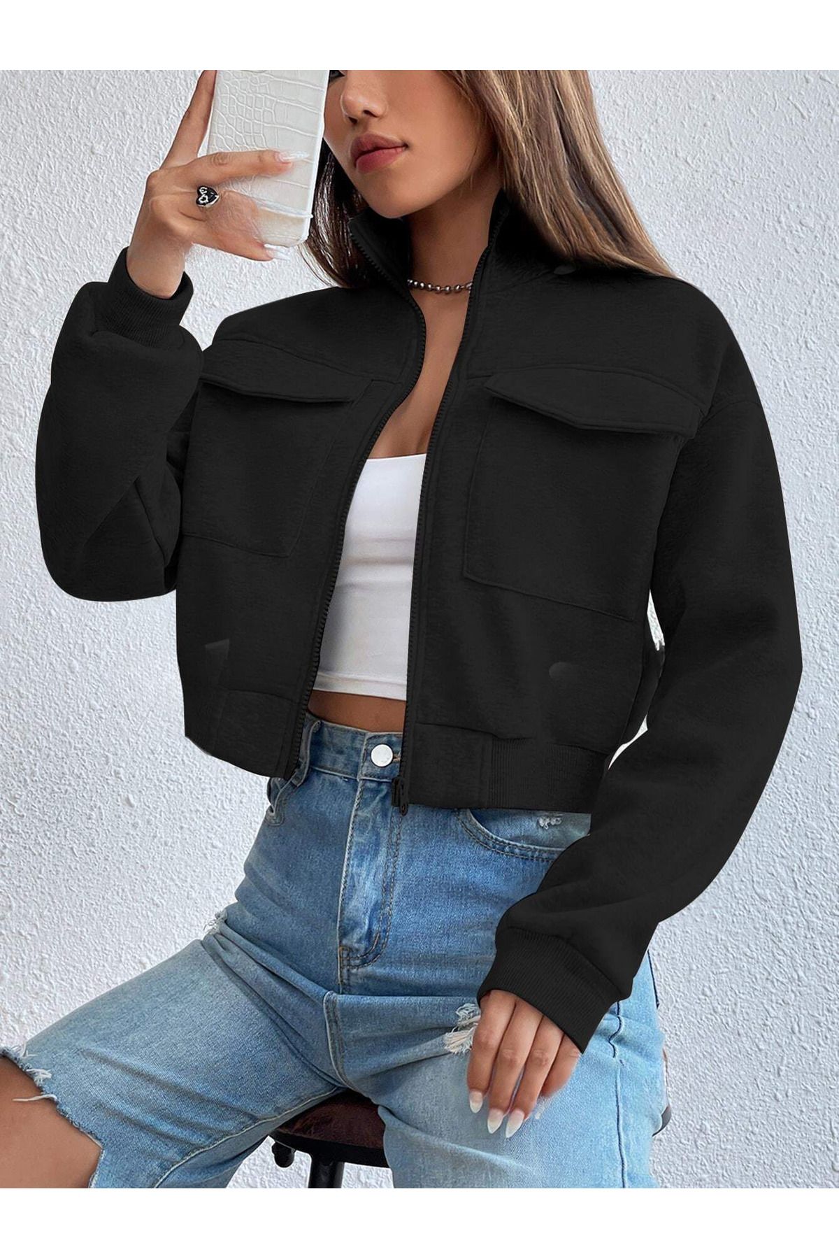 Kadın Dik Yaka Cepli Siyah Crop Ceket - Sweatshirt Hırka