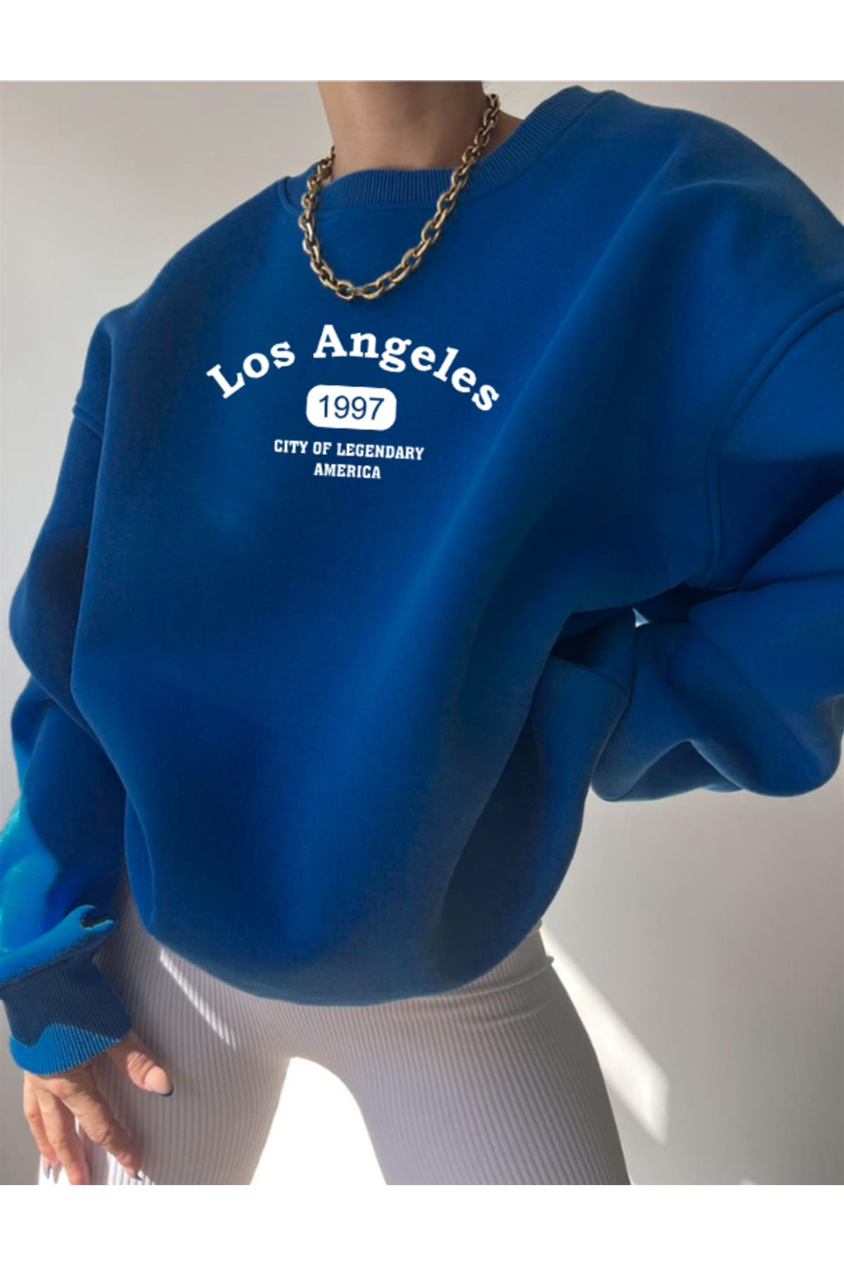 Los Angeles 1997 Sweatshirt - Saks Mavisi Baskılı Oversize Kışlık Kalın Bisiklet Yala