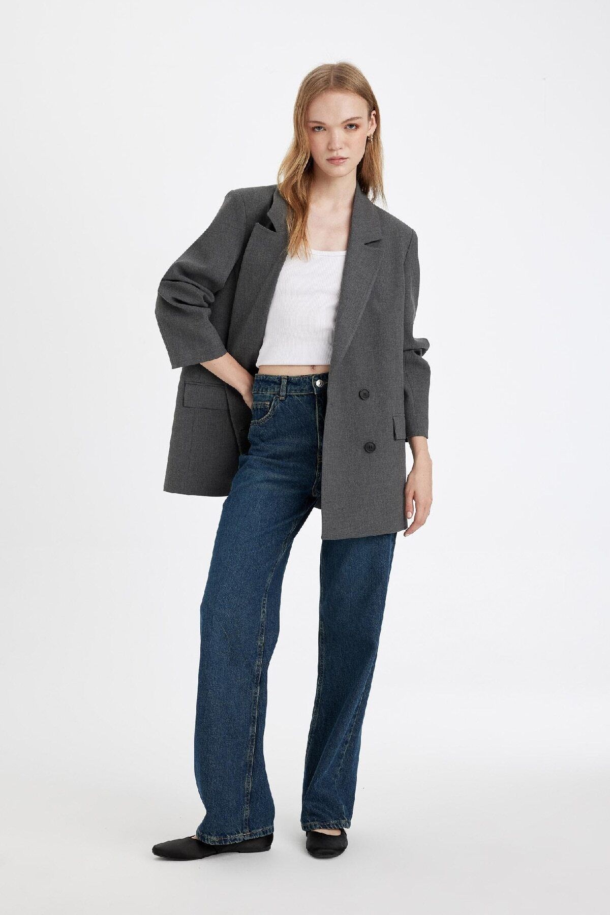 Oversize Geniş Kalıp Ceket Yaka Düğmeli Tafta Basic Düz Blazer Ceket C2575ax24au Oversize Geniş Kalıp Ceket Yaka Düğmeli Tafta Basic Düz Blazer Ceket C2575ax24au