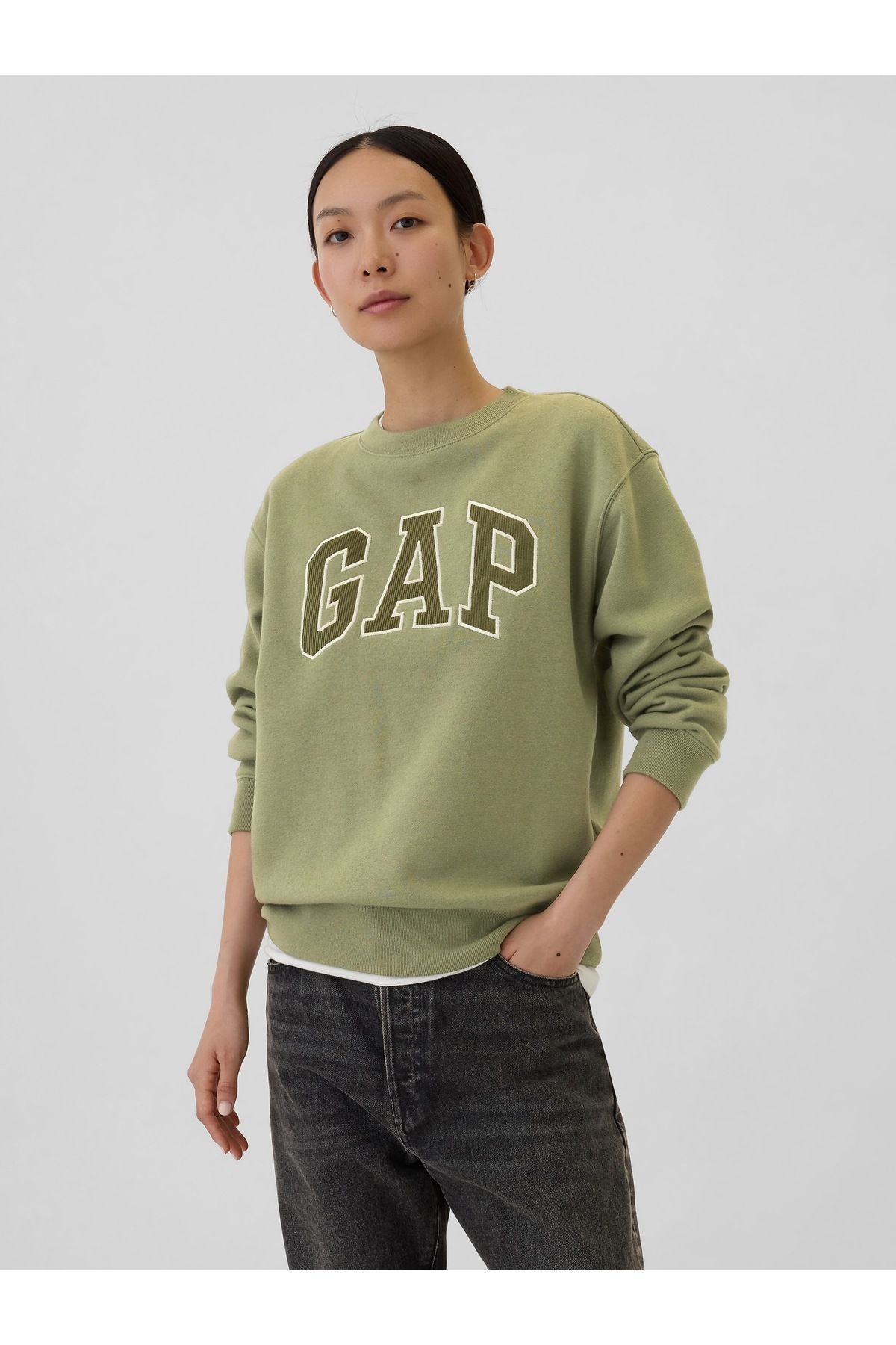 Kadın Haki Gap Logo Bisiklet Yaka Fleece Sweatshirt