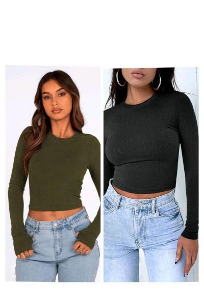 ÖZ PAMUK 2 li ADET Kadın Siyah Fitilli  Bisiklet Yaka Kaşkorse Crop Bluz ÖZ PAMUK 2 li ADET Kadın Siyah Fitilli  Bisiklet Yaka Kaşkorse Crop Bluz