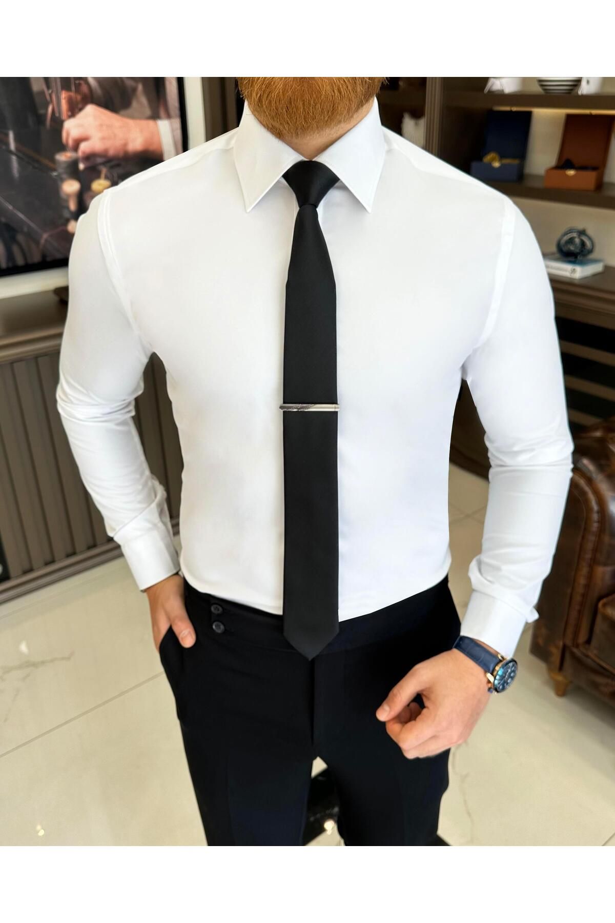 İtalyan stil slim fit erkek kravat yaka gömlek beyaz T11334