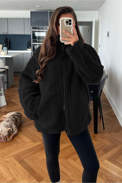 Siyah Dik Yakalı Cepli Peluş Mont MG1966 Siyah Dik Yakalı Cepli Peluş Mont MG1966