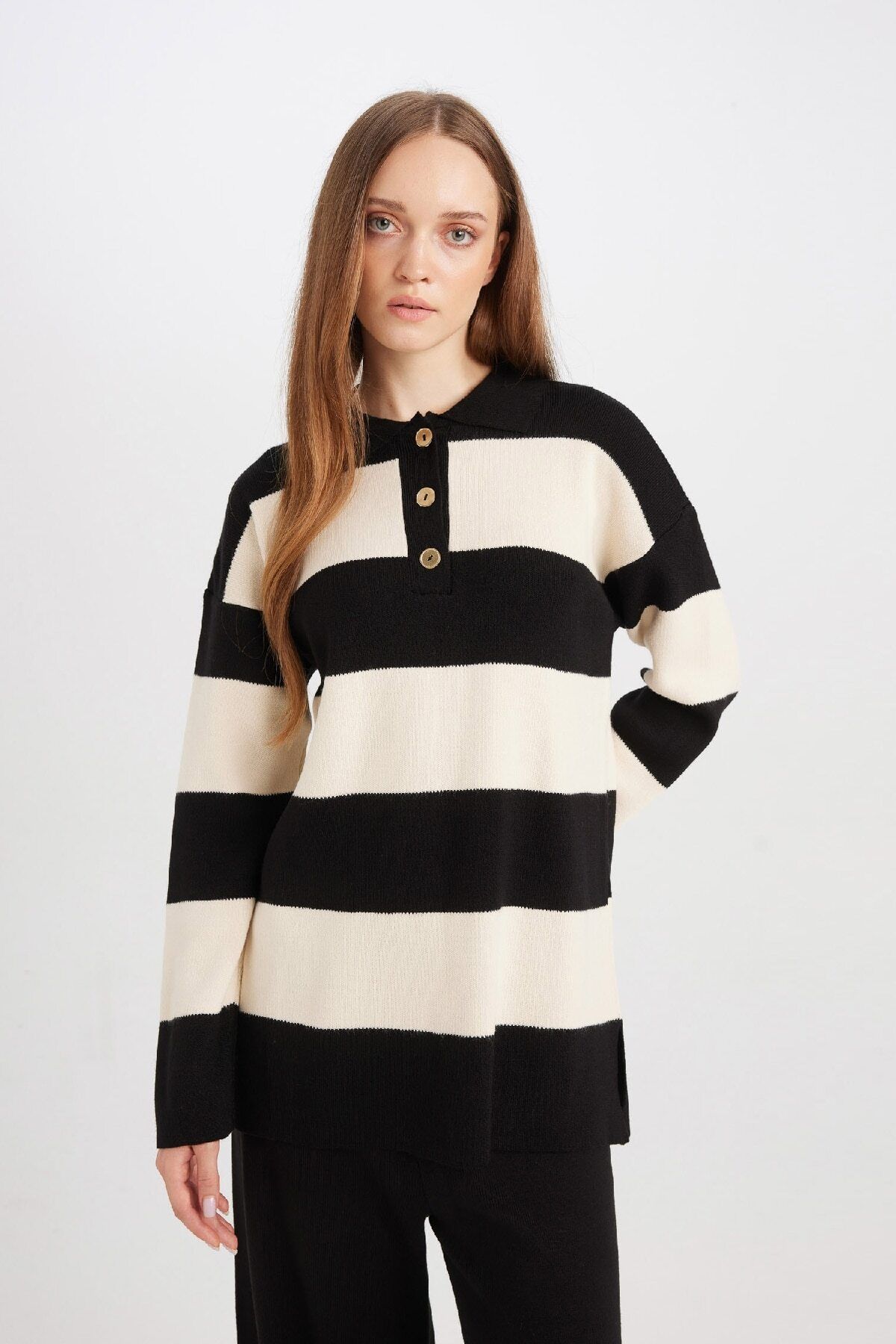 Regular Fit Polo Yaka Düğmeli Çizgili Kazak Tunik D2442ax24wn Regular Fit Polo Yaka Düğmeli Çizgili Kazak Tunik D2442ax24wn
