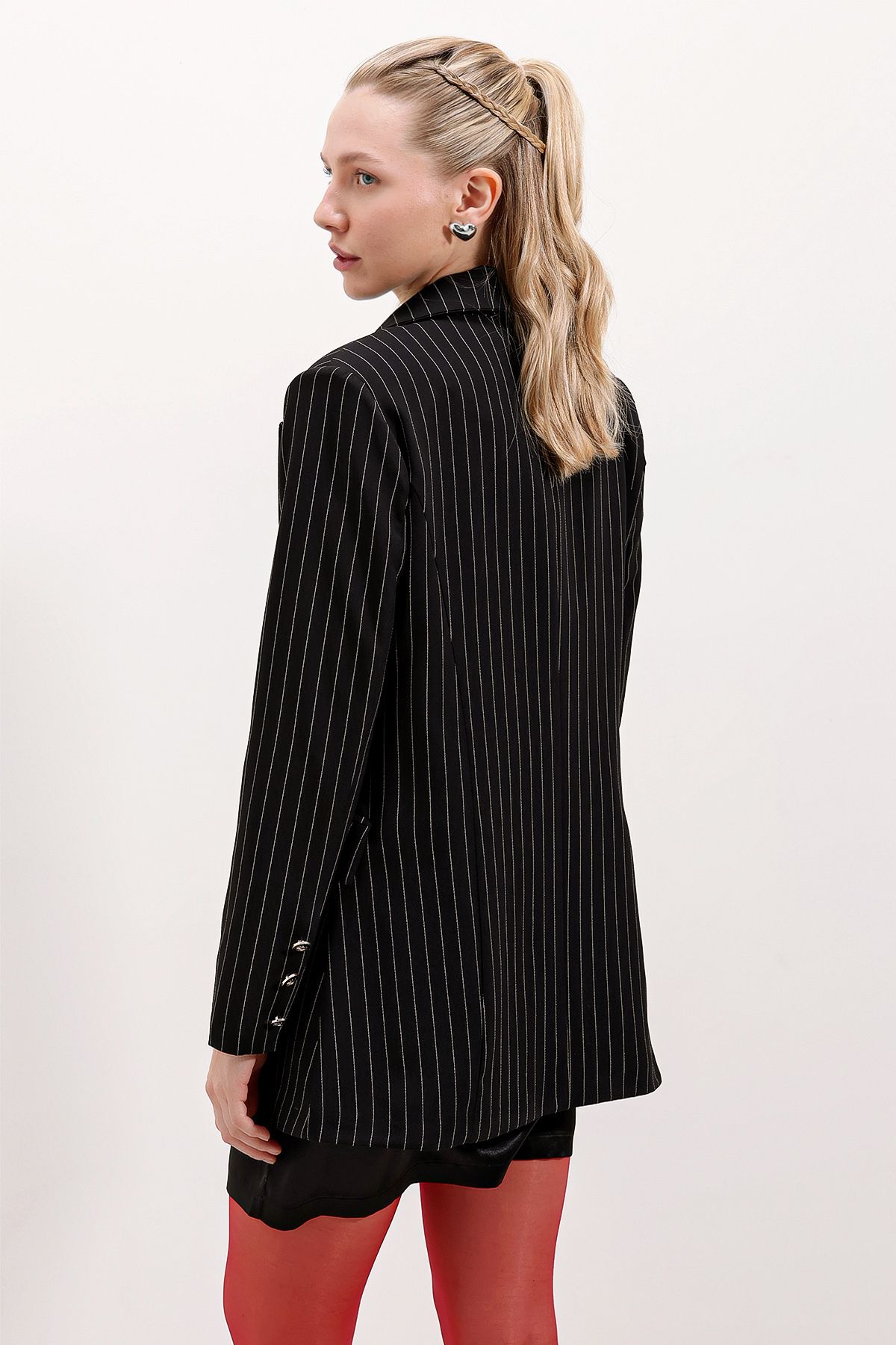 Kadın Siyah Çift Düğmeli Çizgili Blazer Ceket 0699 Kadın Siyah Çift Düğmeli Çizgili Blazer Ceket 0699