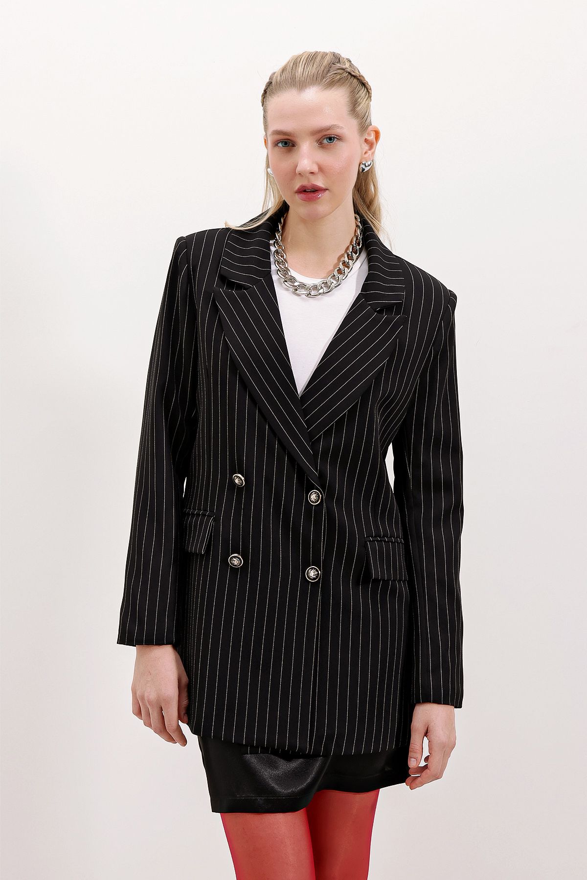 Kadın Siyah Çift Düğmeli Çizgili Blazer Ceket 0699 Kadın Siyah Çift Düğmeli Çizgili Blazer Ceket 0699