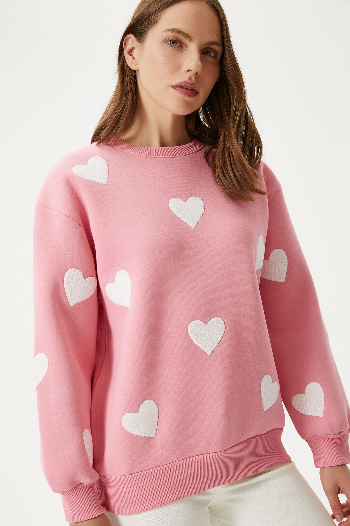 Kadın Love Kalp Nakışlı Pembe Sweatshirt