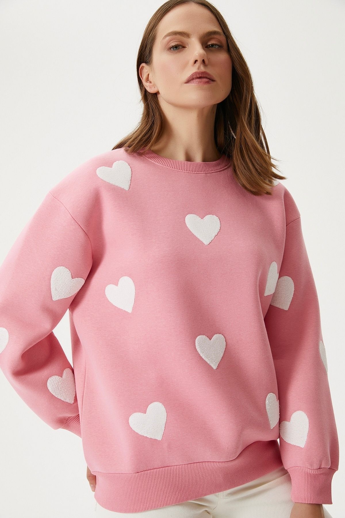 Kadın Love Kalp Nakışlı Pembe Sweatshirt