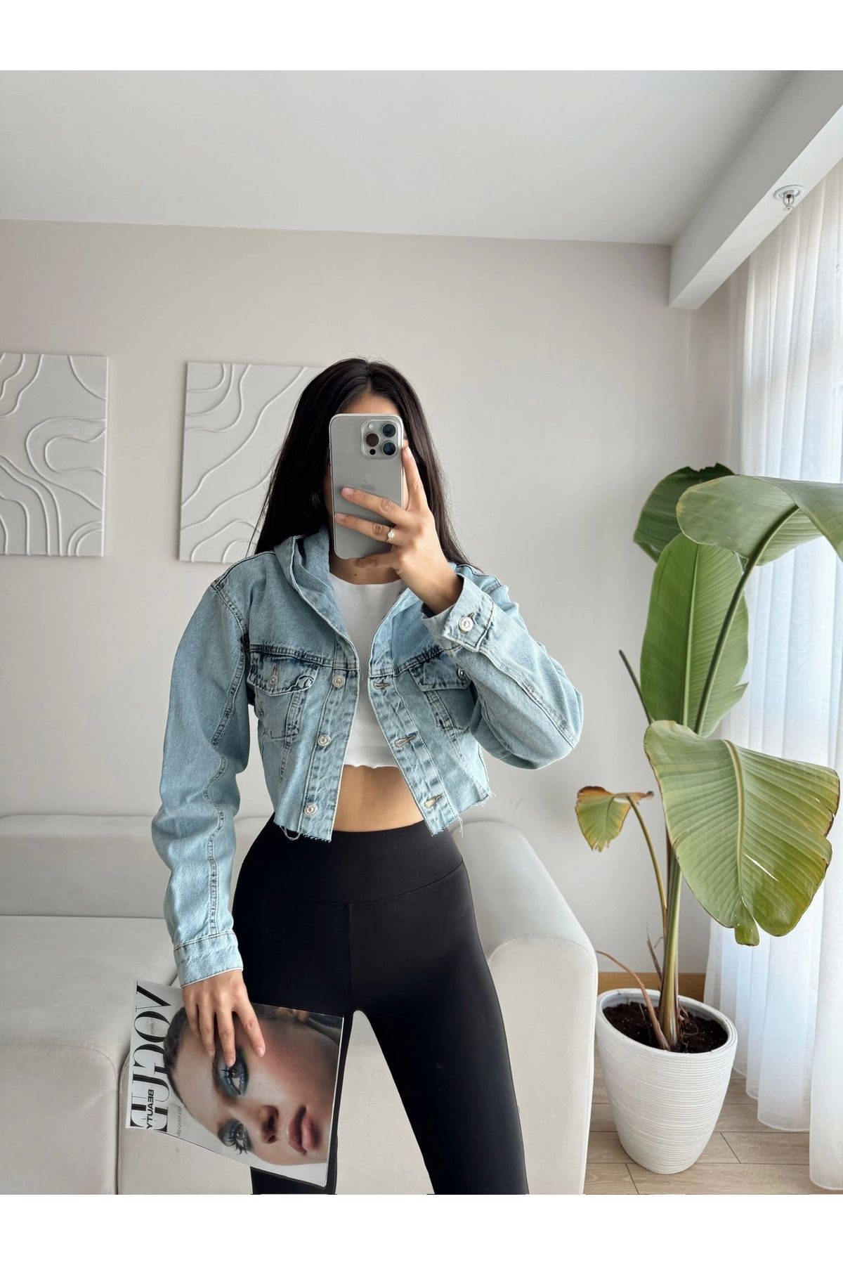 Kapüşonlu Crop Denim Ceket Kapüşonlu Crop Denim Ceket