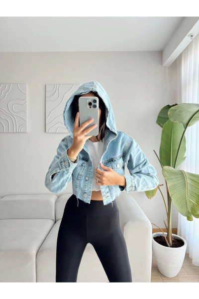Kapüşonlu Crop Denim Ceket Kapüşonlu Crop Denim Ceket