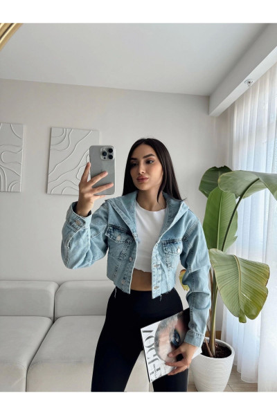 Kapüşonlu Crop Denim Ceket Kapüşonlu Crop Denim Ceket