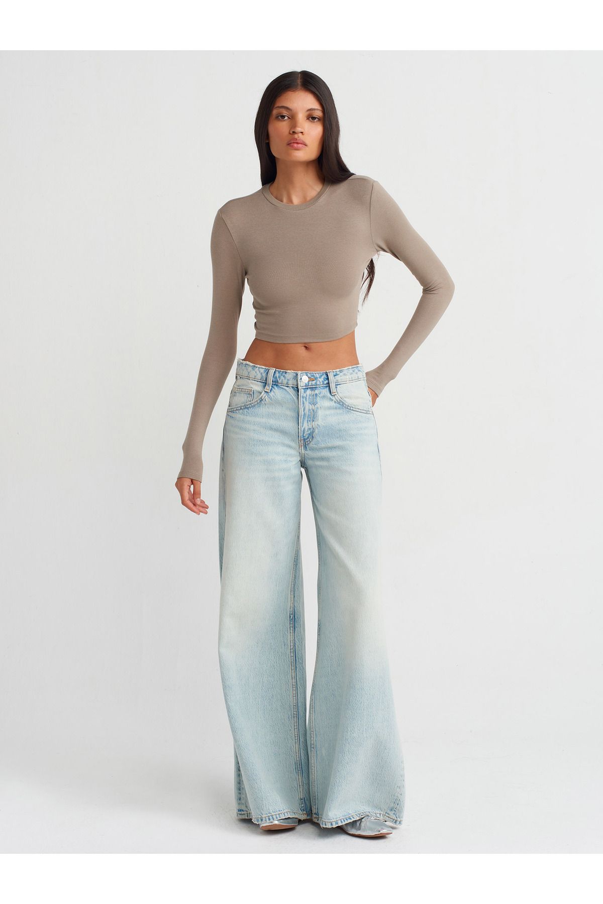 31236 Uzun Kollu Crop Top-Açık Vizon