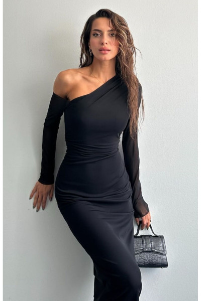 Siyah Tek Omuz Beli Drape Detaylı Midi Boy Astarlı Tül Elbise 10.227 Siyah Tek Omuz Beli Drape Detaylı Midi Boy Astarlı Tül Elbise 10.227
