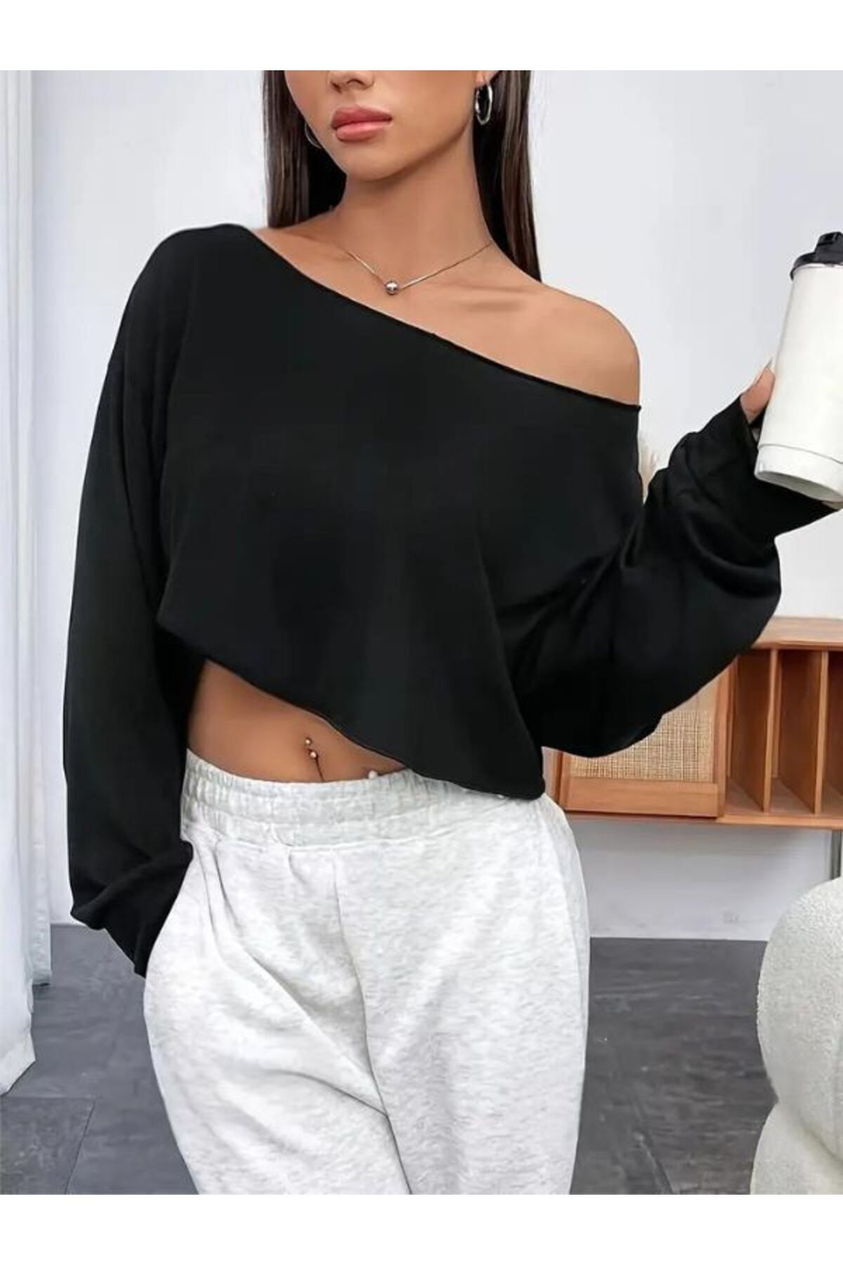 Kadın Kayık Yaka Crop Sweatshirt