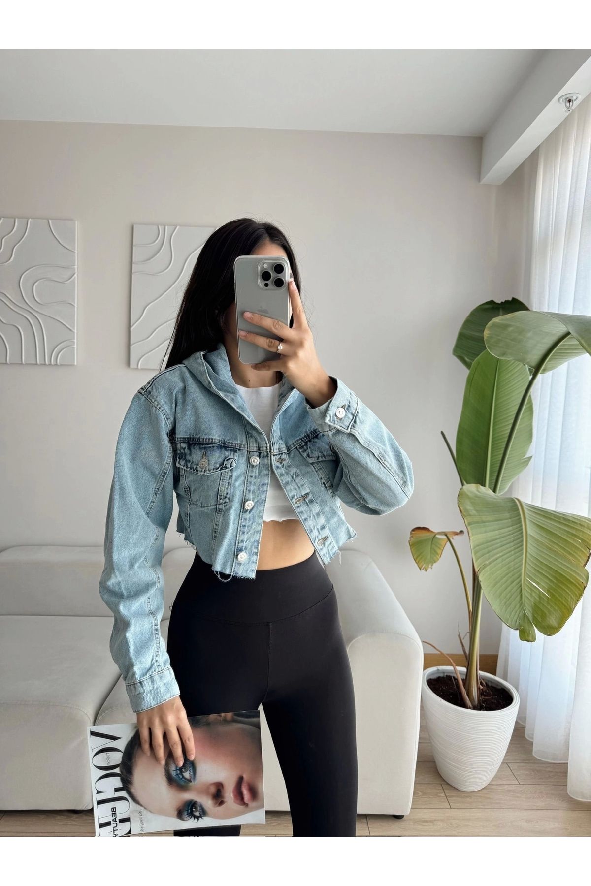 Kapüşonlu Crop Denim Ceket