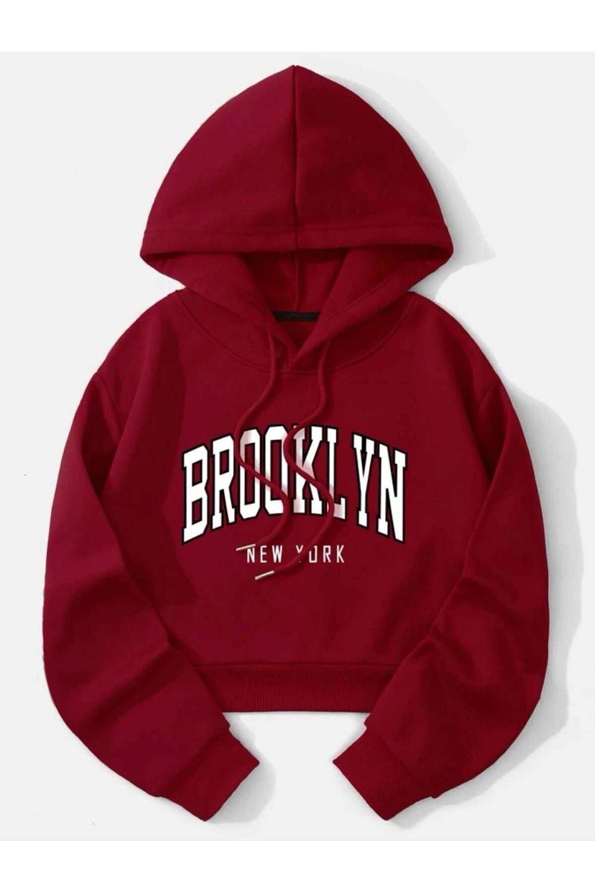 Unisex Brooklyn Baskılı Crop Oversize Kapüşonlu Sweatshirt