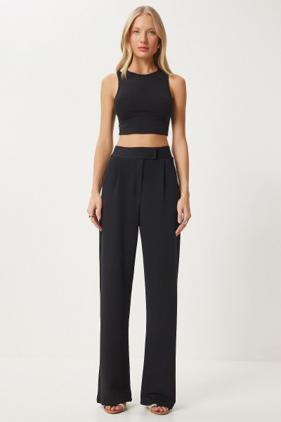 Kadın Siyah Beli Cırtlı Rahat Dokuma Pantolon RV00150 Kadın Siyah Beli Cırtlı Rahat Dokuma Pantolon RV00150