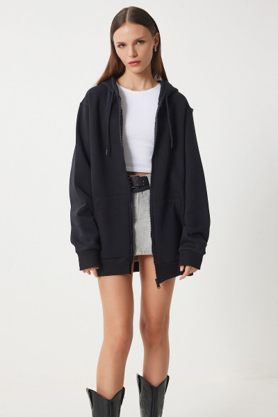 Kadın Siyah Kapüşonlu Şardonlu Fermuarlı Oversize Sweatshirt VN00015 Kadın Siyah Kapüşonlu Şardonlu Fermuarlı Oversize Sweatshirt VN00015