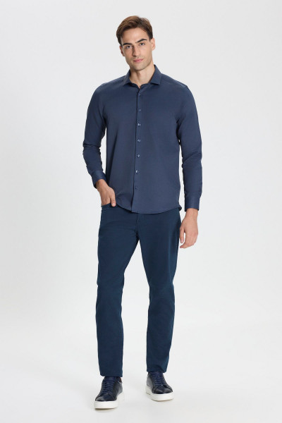 Pamuklu Oxford Slim Fit Dar Kesim Italyan Yaka Armürlü Erkek Lacivert Gömlek Pamuklu Oxford Slim Fit Dar Kesim Italyan Yaka Armürlü Erkek Lacivert Gömlek