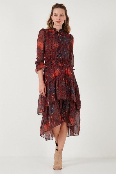 Standart Fit Yaka Detaylı Volanlı Şifon Midi Elbise  ELBİSE 611EL1451 Standart Fit Yaka Detaylı Volanlı Şifon Midi Elbise  ELBİSE 611EL1451