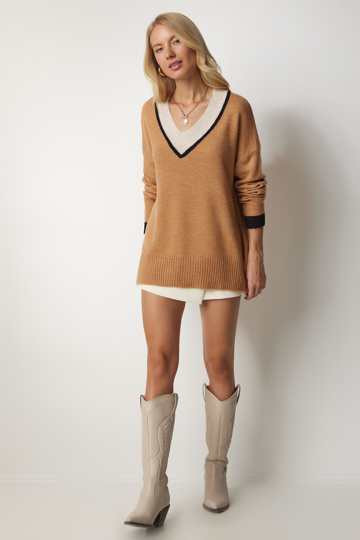 V Yaka Oversize Triko Kazak BİSKÜVİ LBV0048 V Yaka Oversize Triko Kazak BİSKÜVİ LBV0048
