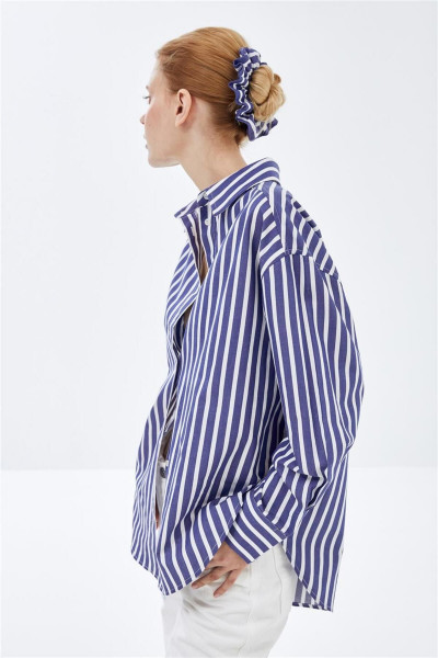 Lacivert-beyaz Çizgili Basic Oversize Gömlek Lacivert-beyaz Çizgili Basic Oversize Gömlek