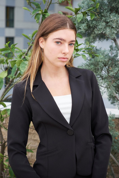 Yakalı Flato Cepli Uzun Kol Pamuklu Kumaş Kısa Blazer Ofis Ceket-siyah Yakalı Flato Cepli Uzun Kol Pamuklu Kumaş Kısa Blazer Ofis Ceket-siyah