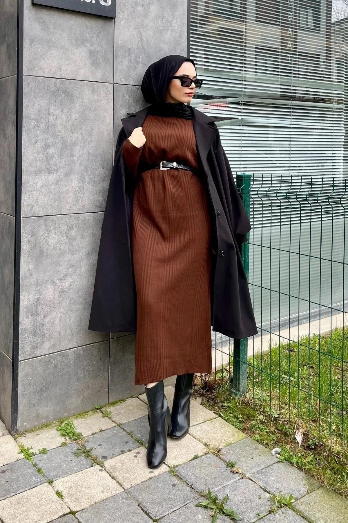 Ravza Fitil Detaylı Uzun Triko Tesettür Elbise Ravza Fitil Detaylı Uzun Triko Tesettür Elbise