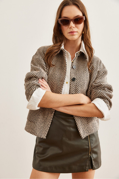 Kadın Verev Taş Çift Cepli Kaşe Astarsız Ceket CKT-19000391