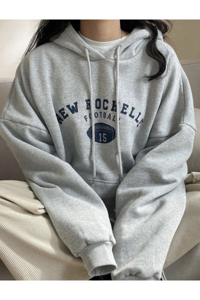 Unisex Gri New Rochelle Baskılı Kapüşonlu Oversize Sweatshirt Unisex Gri New Rochelle Baskılı Kapüşonlu Oversize Sweatshirt
