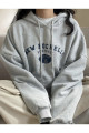 Unisex Gri New Rochelle Baskılı Kapüşonlu Oversize Sweatshirt