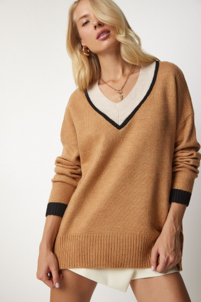 V Yaka Oversize Triko Kazak BİSKÜVİ LBV0048 V Yaka Oversize Triko Kazak BİSKÜVİ LBV0048