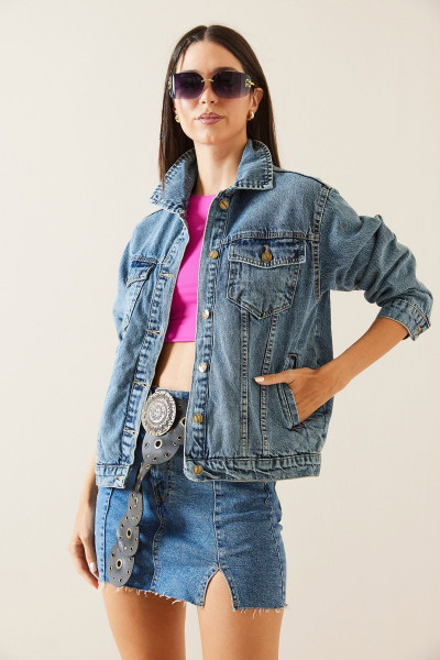 Mavi Çift Cepli Crop Denim Ceket 5KXK4-48954-12 Mavi Çift Cepli Crop Denim Ceket 5KXK4-48954-12