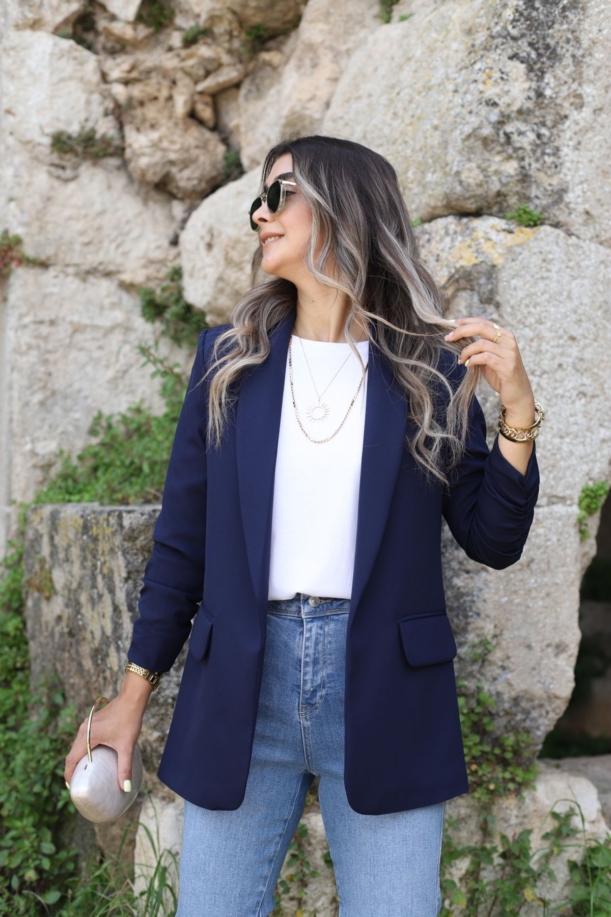 Lacivert Kol Büzgü Detay Blazer Lacivert Kol Büzgü Detay Blazer