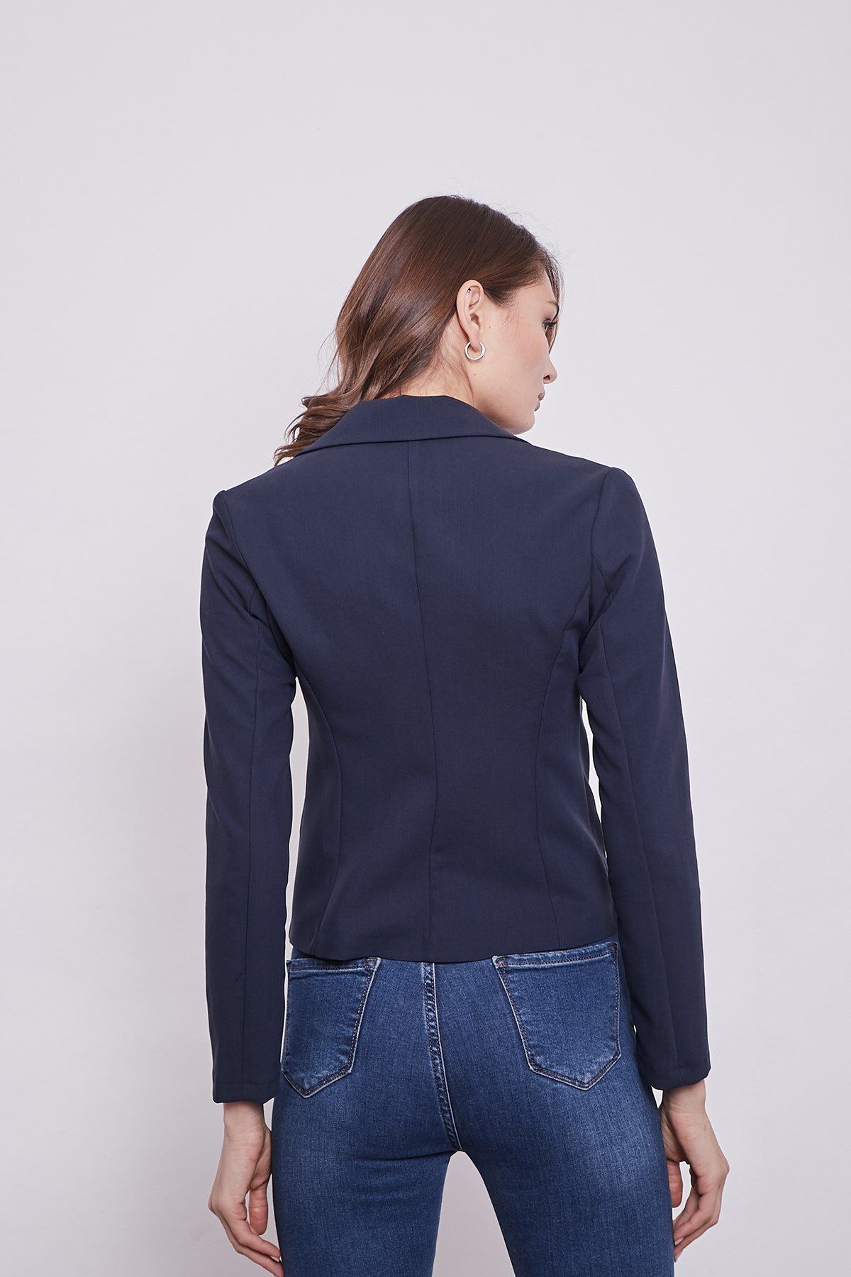 Yakalı Flato Cepli Uzun Kol Pamuklu Kumaş Kısa Blazer Ofis Ceket-lacivert Yakalı Flato Cepli Uzun Kol Pamuklu Kumaş Kısa Blazer Ofis Ceket-lacivert