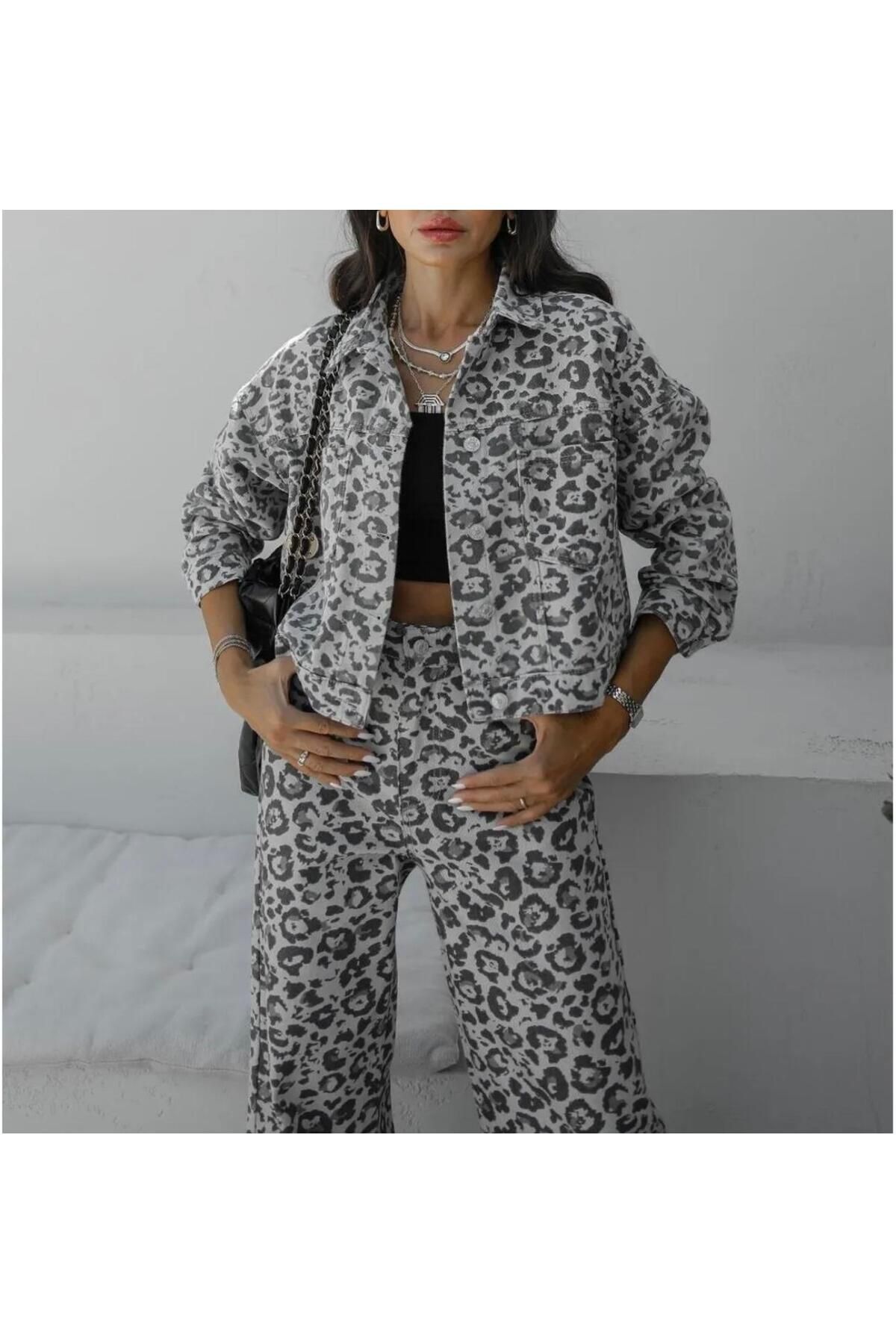 Leopar Desenli Kot Ceket Leopar Desenli Kot Ceket