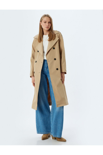 Kruvaze Düğmeli Kuşak Detaylı Cepli Uzun Oversize Trençkot Kruvaze Düğmeli Kuşak Detaylı Cepli Uzun Oversize Trençkot