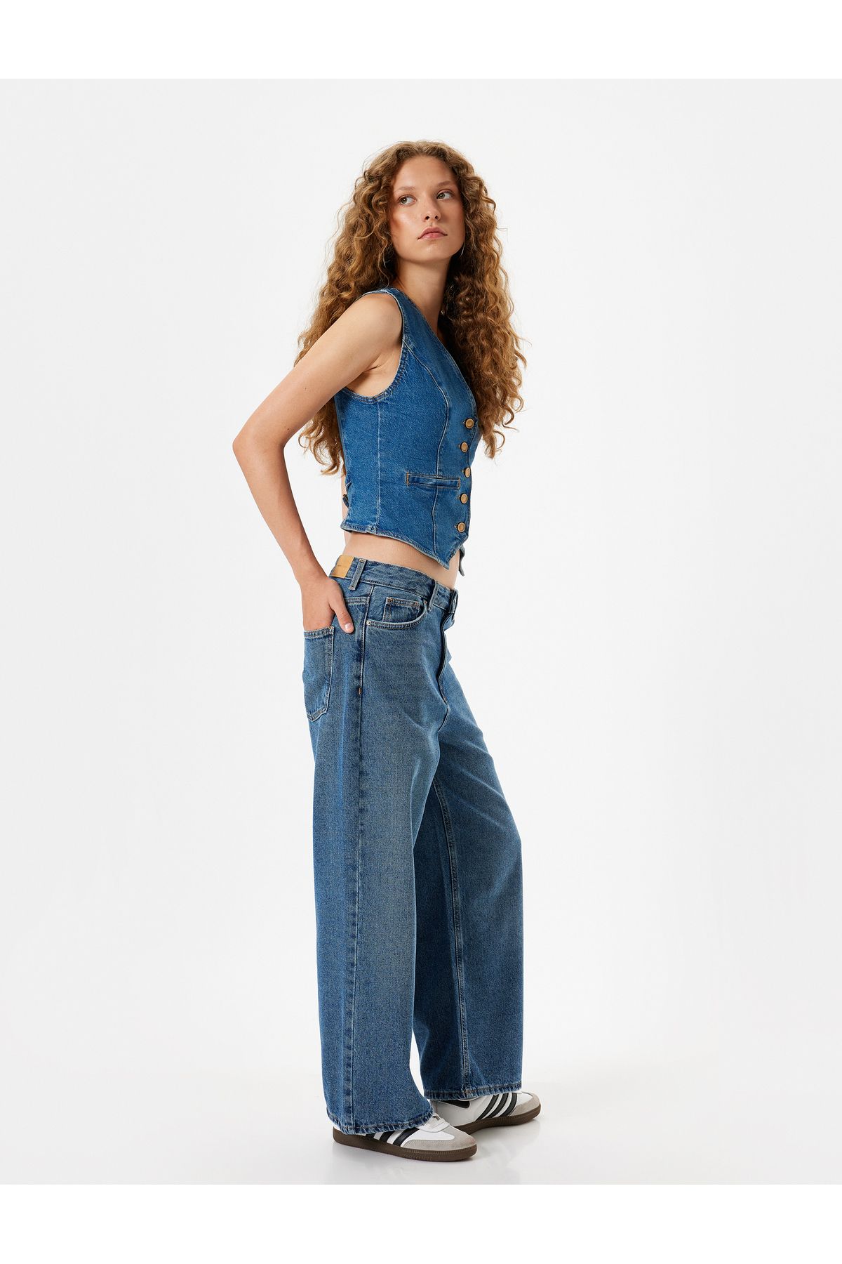 Crop Bol Paça Kot Pantolon Normal Bel Slim Fit Düğmeli - Wide Leg Crop Jean