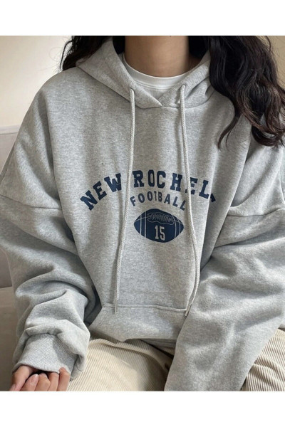 Unisex Gri New Rochelle Baskılı Kapüşonlu Oversize Sweatshirt Unisex Gri New Rochelle Baskılı Kapüşonlu Oversize Sweatshirt