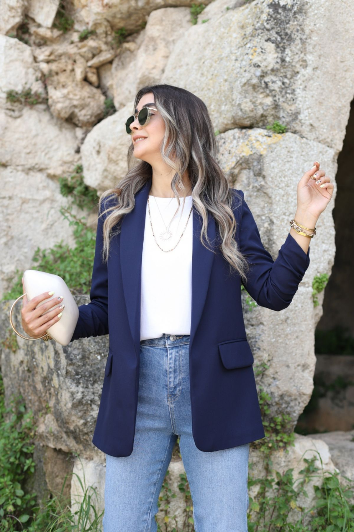 Lacivert Kol Büzgü Detay Blazer Lacivert Kol Büzgü Detay Blazer