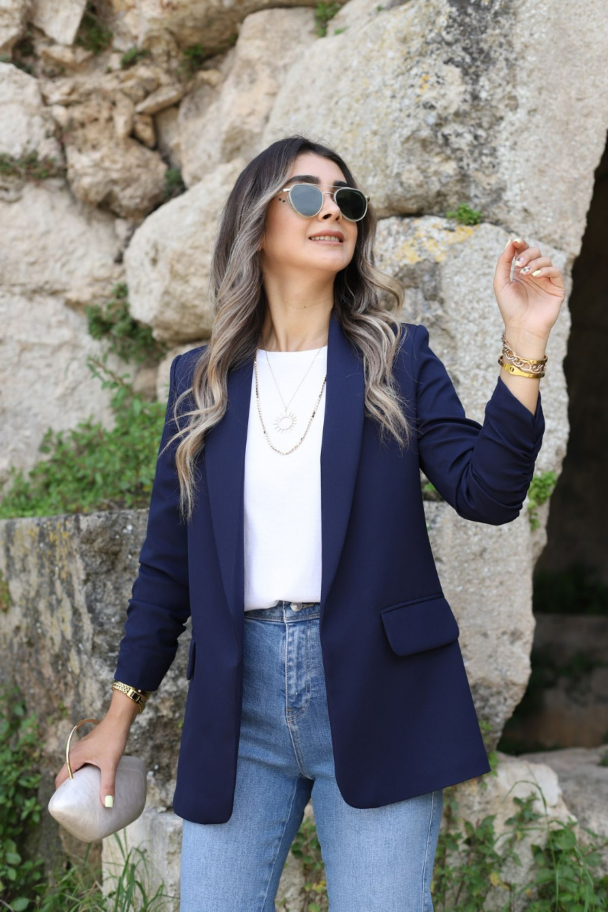Lacivert Kol Büzgü Detay Blazer Lacivert Kol Büzgü Detay Blazer