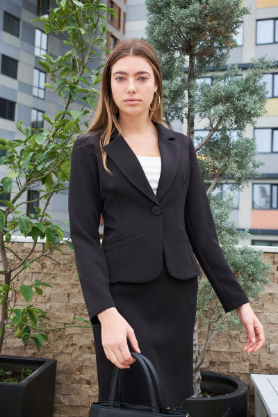 Yakalı Flato Cepli Uzun Kol Pamuklu Kumaş Kısa Blazer Ofis Ceket-siyah Yakalı Flato Cepli Uzun Kol Pamuklu Kumaş Kısa Blazer Ofis Ceket-siyah