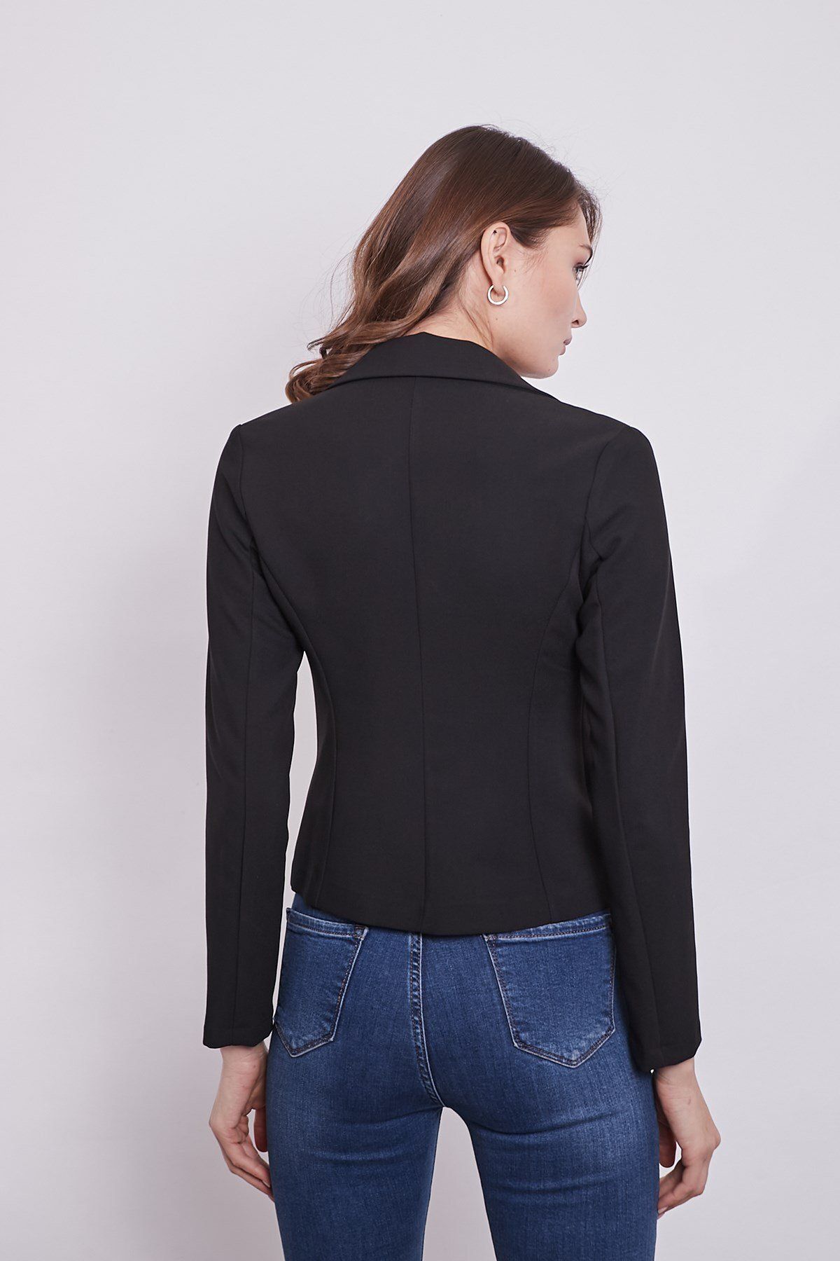 Yakalı Flato Cepli Uzun Kol Pamuklu Kumaş Kısa Blazer Ofis Ceket-siyah Yakalı Flato Cepli Uzun Kol Pamuklu Kumaş Kısa Blazer Ofis Ceket-siyah
