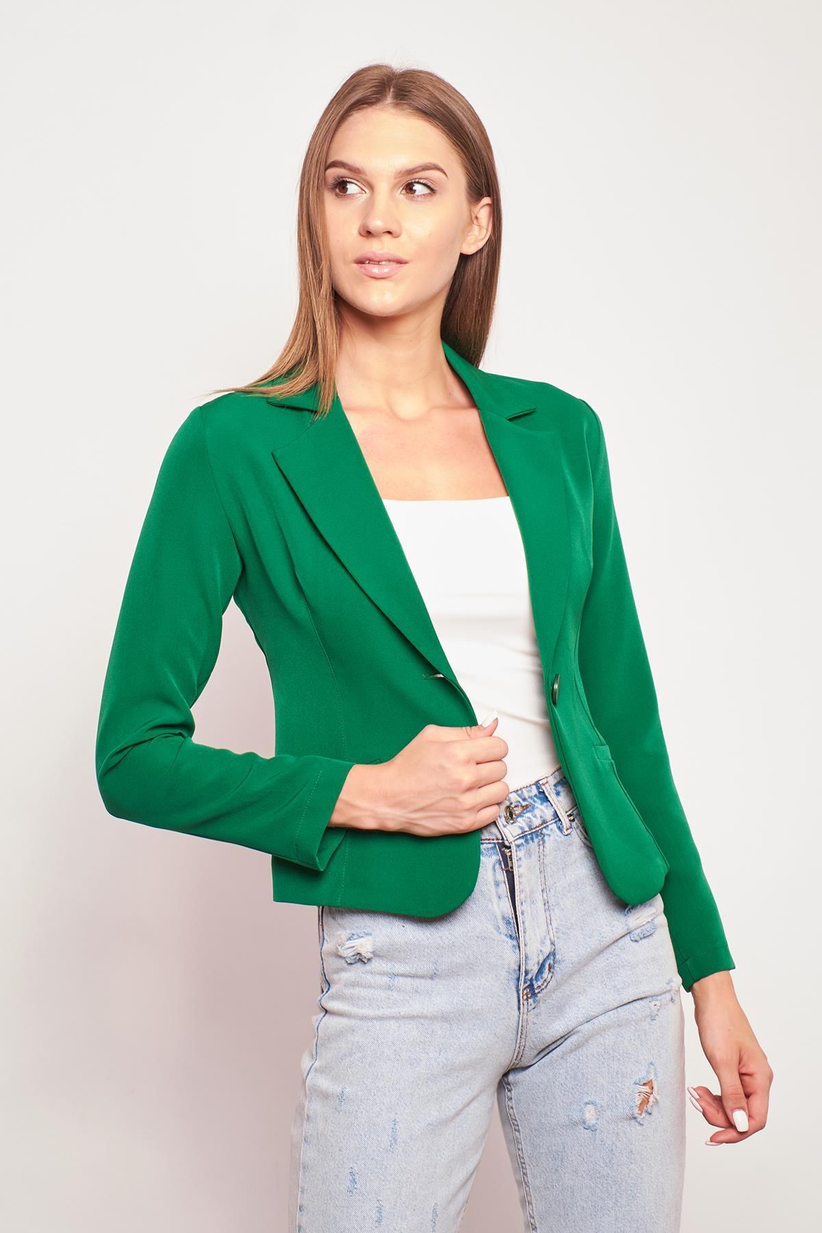 Yakalı Flato Cepli Uzun Kol Pamuklu Kumaş Hafif Likralı Kısa Blazer Ofis Ceket-B.Yeşil Yakalı Flato Cepli Uzun Kol Pamuklu Kumaş Hafif Likralı Kısa Blazer Ofis Ceket-B.Yeşil